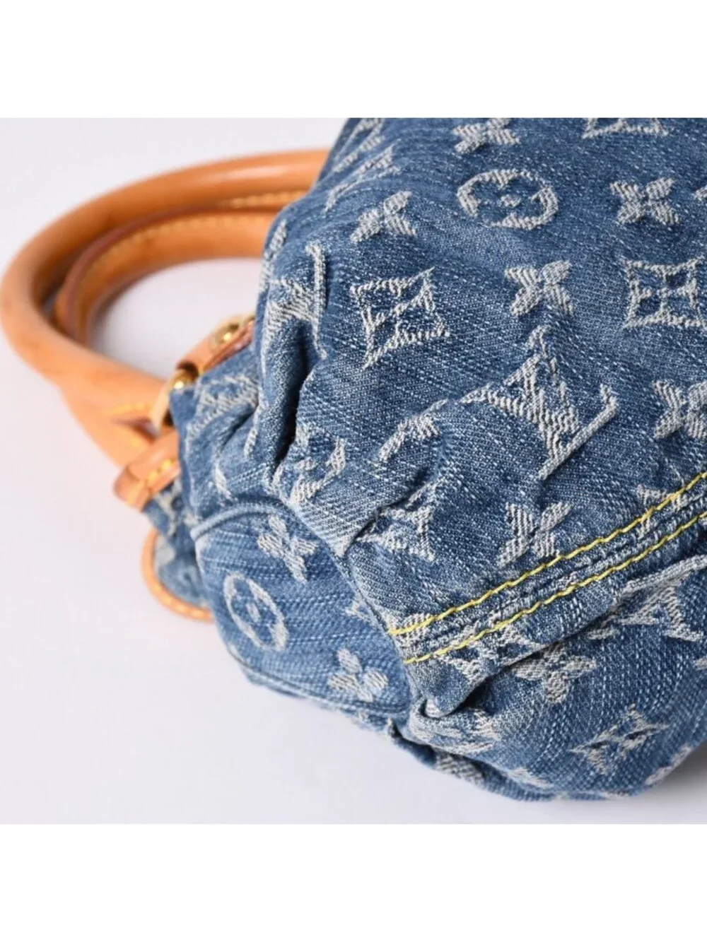 Louis Vuitton Pleaty Handbag Monogram Denim Leather Blue Gold